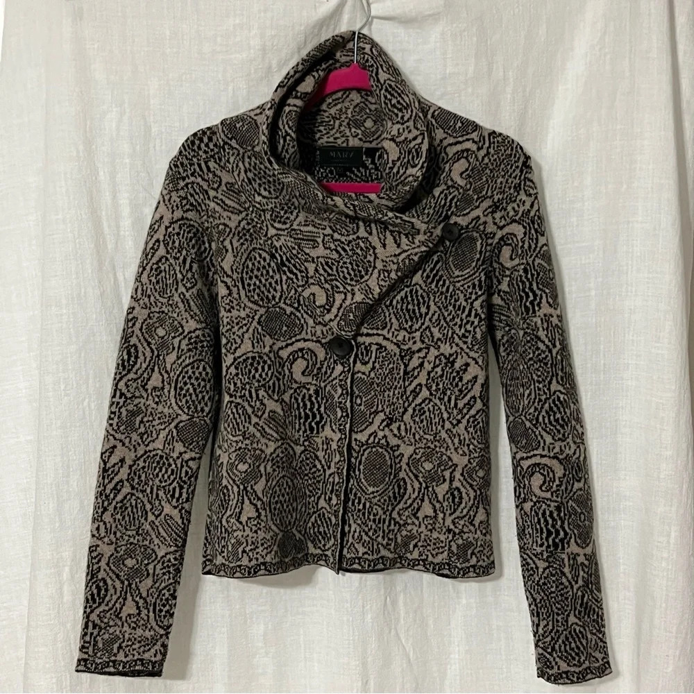 Mary Made In Italy Wool Blend Button Cowl Neck Cardigan Black Gray Sz Medium